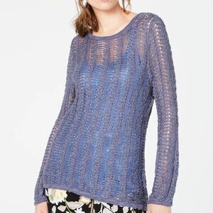 Brand New INC Blue Loose Open Knit Sheer Pullover Long Sleeve Crochet Sweater